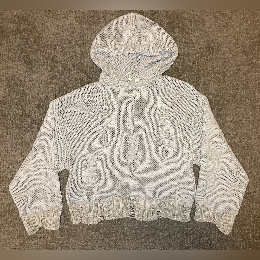 Anthropologie Moth Distressed Knit Metallic Trim Hooded Sweater Size Large